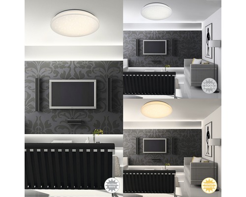 Deckenleuchte in einem Wohnzimmer mit verschiedenen Farbtemperaturen