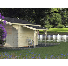 Holzgartenhaus mit Fahrrad und überdachter Terrasse im Garten