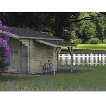 Gartenhaus mit Fahrrad und weißem Zaun im Garten