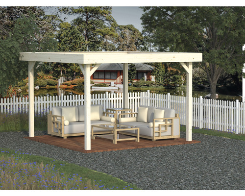 Pavillon Palmako Lucy 12,2 m² 349 x 349 cm tauchgrundiert Holzpavillon mit Sitzgruppe im Garten