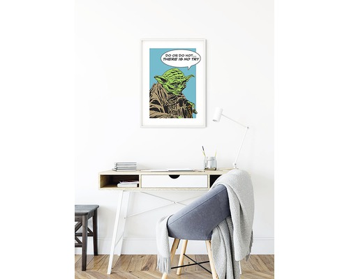 Gerahmtes Yoda-Poster mit dem Zitat: Tue es oder tue es nicht. Es gibt kein Versuchen.