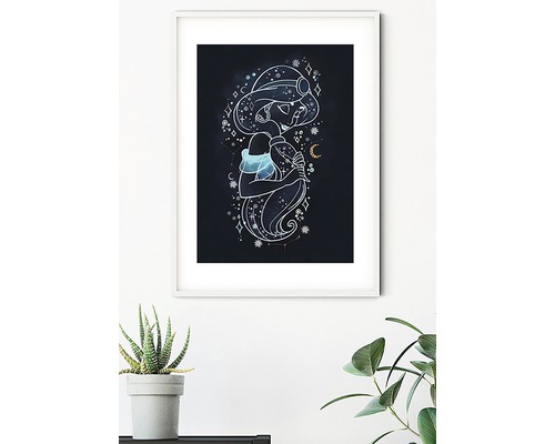 Gerahmtes Bild mit einer stilisierte Darstellung von Jasmin, umgeben von Sternen und Monden