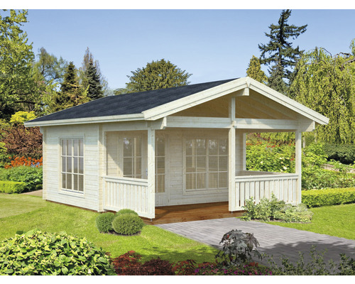 Gartenhaus Palmako Agneta 18,8+12,5 m² inkl. Fußboden, Vordach und Terrasse 608 x 758 cm natur