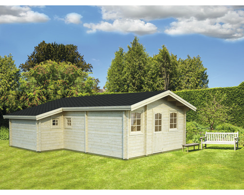 Gartenhaus Palmako Emily 39,2 m² inkl. Fußboden 706 x 864 cm natur Gartenhaus aus Holz mit schwarzem Dach, Fenstern und Tür auf einer Rasenfläche