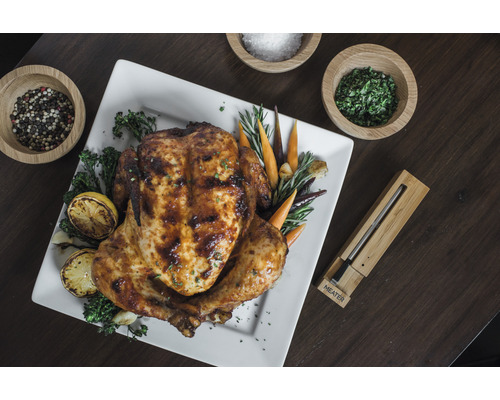 Gegrilltes Hähnchen auf einem Teller mit Beilagen und einem Fleischthermometer