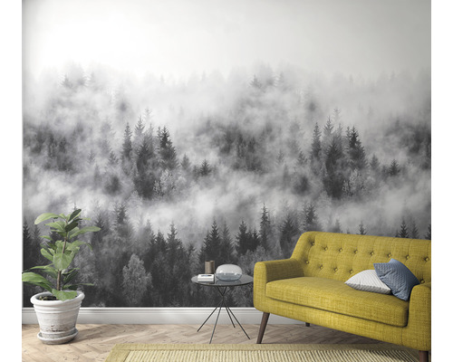 Wohnzimmer mit Fototapete, die einen Wald im Nebel zeigt