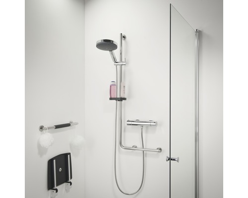 Barrierefreies Badezimmer mit Duschabtrennung, Duschsäule, Haltegriff und Duschsitz.