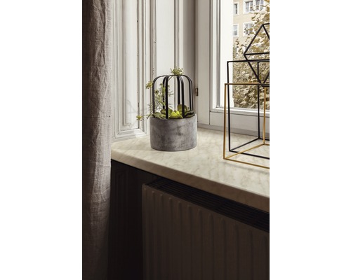 Dekorative Szene mit Zementtopf, Pflanze und geometrischen Objekten auf einer Fensterbank.