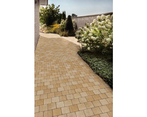 Gartenweg gepflastert mit rechteckigen Pflastersteinen