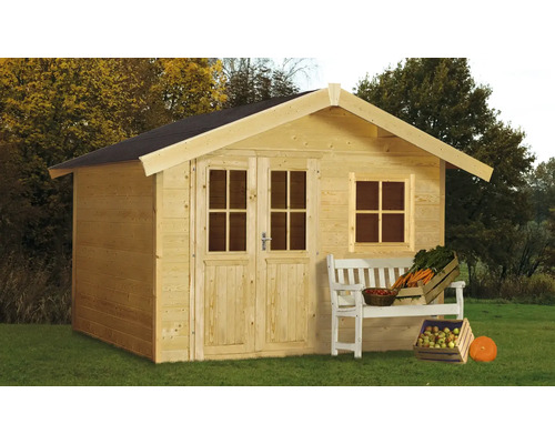 Holzgartenhaus mit Doppeltür, Fenster, Bank und Gemüse