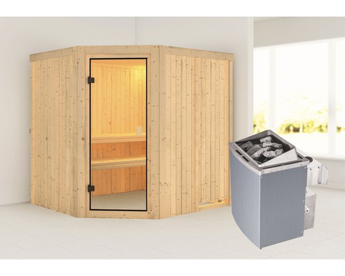 Elementsauna Karibu Bodo inkl. 9 kW Ofen u.integr.Steuerung ohne Dachkranz mit bronzierter Ganzglastüre