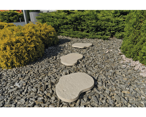 Szene mit Gartenweg aus Trittplatten und Zierkies