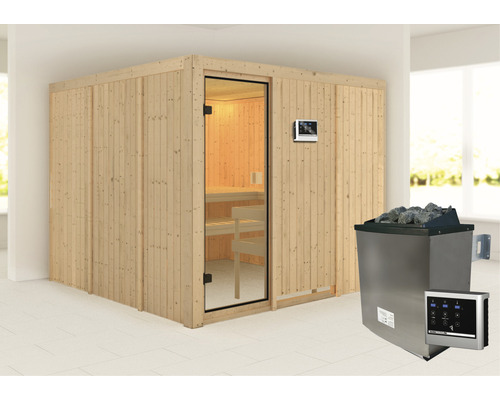 Elementsauna Karibu Arvika inkl. 9 kW Ofen zu.ext.Steuerung ohne Dachkranz mit bronzierter Ganzglastüre