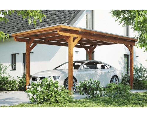 Einzelcarport Konsta Aluminium-Dachplatten inkl. H-Anker 304x500 cm eiche hell Holzcarport mit geparktem Auto vor dem Haus