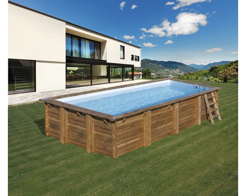 Aufbaubecken mit Holzverkleidung und Leiter im Garten