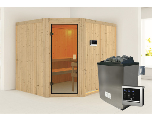 Elementsauna Karibu Horna inkl. 9 kW Ofen ext.Steuerung ohne Dachkranz mit bronzierter Ganzglastüre