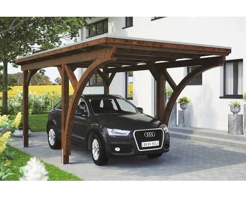 Einzelcarport Konsta Aluminium-Dachplatten inkl. 2 Einfahrtsbögen und H-Anker 304x500 cm nussbaum