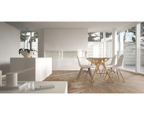 Heller Wohnraum mit Esstisch, Stühlen und Holzboden