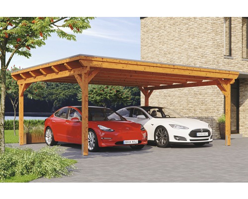 Doppelcarport Konsta Aluminium-Dachplatten inkl. H-Anker 618x500 cm eiche hell Holz Doppel Carport mit zwei Autos