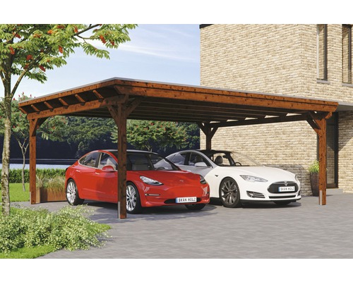 Doppelcarport Konsta Aluminium-Dachplatten inkl. H-Anker 618x500 cm nussbaum Doppelcarport aus Holz mit zwei geparkten Autos