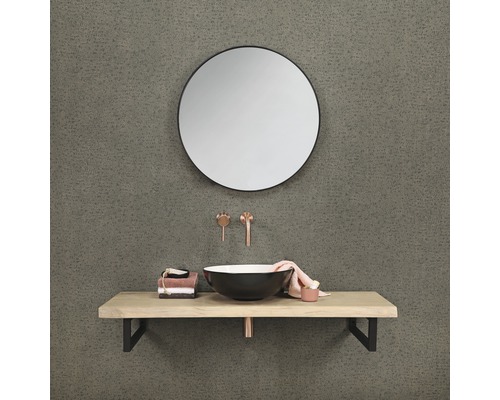 Modernes Badezimmer mit rundem Spiegel, Aufsatzwaschbecken und Holzablage