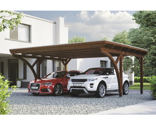 Doppelcarport Konsta Aluminium-Dachplatten inkl. 2 Einfahrtsbögen und H-Anker 618x500 cm nussbaum