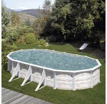 Ovaler Pool im Garten mit Holzverkleidung und klarem Wasser