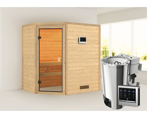 Plug & Play Sauna Karibu Jella inkl.3,6 kW Bio Ofen u.ext.Steuerung ohne Dachkranz mit bronzierter Ganzglastüre