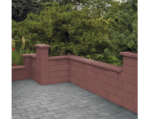 Gartenmauer aus Betonsteinen mit Pflanzen im Hintergrund