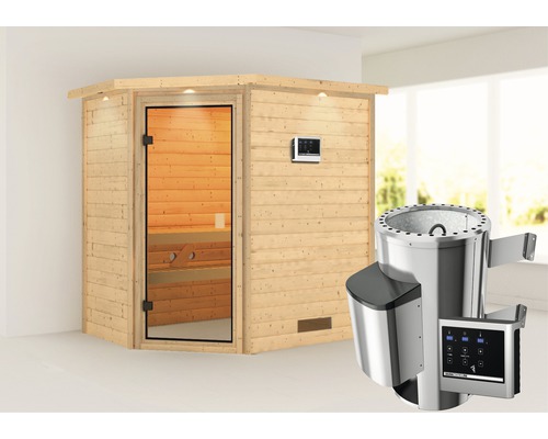Plug & Play Sauna Karibu Jella inkl.3,6 kW Ofen u.ext.Steuerung mit Dachkranz und bronzierter Ganzglastüre