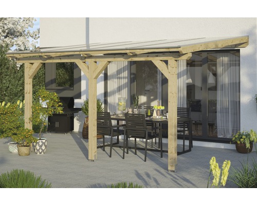 Terrassenüberdachung SKAN HOLZ Andria 434x250 cm natur Holzpergola mit Terrassenmöbeln und Grill im Garten
