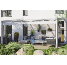 Terrassenüberdachung SKAN HOLZ Novara mit Pfostenlaschen 557x359 cm weiß
