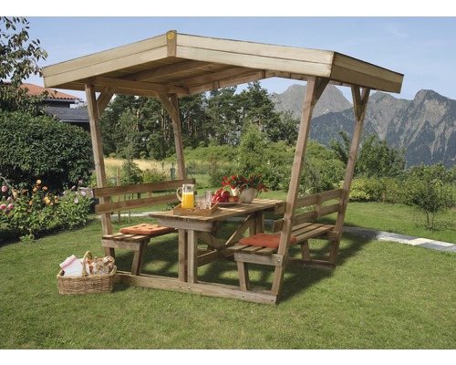 Sitzlaube weka Wörthersee mit Sitzauflage 190 x 154 cm kesseldruckimprägniert Holz Pavillon mit Tisch und Bänken im Garten