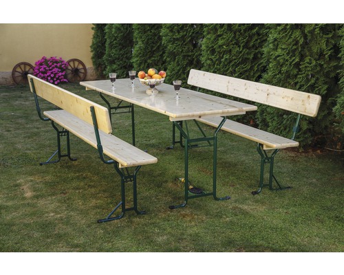 Bierzeltgarnitur mit Tisch und zwei Bänken mit Rückenlehne im Garten