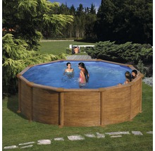 Aufstellpool Stahlwandpool-Set Gre rund Ø 320x132 cm inkl. Sandfilteranlage, Skimmer, Leiter, Filtersand & Bodenschutzvlies Holzoptik