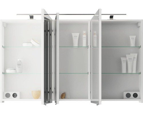 Spiegelschrank mit drei Türen, Glasablagen und Steckdose