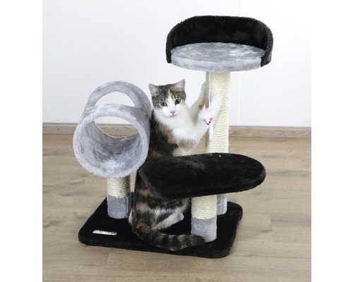 Katze spielt auf einem Kratzbaum mit Tunnel, Plattformen und Spielzeug