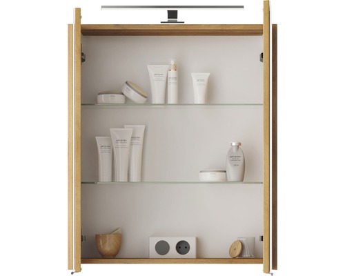 Offener Spiegelschrank mit Beleuchtung, Glasablagen und Steckdose