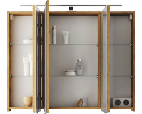 Spiegelschrank mit Holzrahmen und Glasböden für das Badezimmer