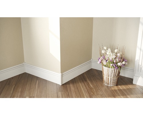 Raumecke mit weißen Sockelleisten und Holzboden