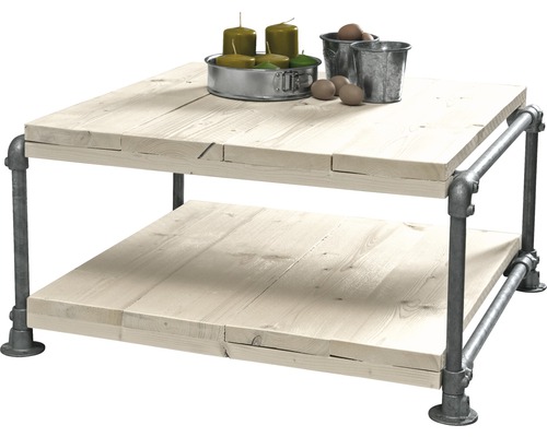 Quadratischer Couchtisch mit zwei Ablageflächen aus Holz und Metallrohrgestell