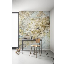 Arbeitszimmer mit Schreibtisch, Stuhl, Lampe und Fototapete mit Kartenmotiv