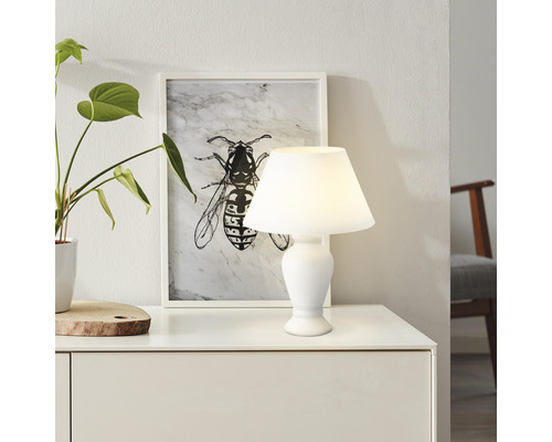 Dekorative Tischleuchte auf einem Sideboard neben einem gerahmten Bild und einer Pflanze.