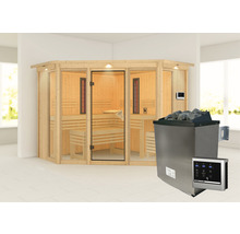 Elementsauna Karibu Astaria inkl. 9 kW Ofen u.ext.Steuerung mit Dachkraz und bronzierter Ganzglastüre