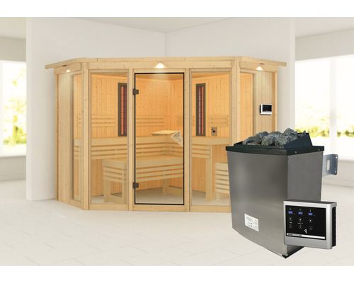 Elementsauna Karibu Astaria inkl. 9 kW Ofen u.ext.Steuerung mit Dachkraz und bronzierter Ganzglastüre