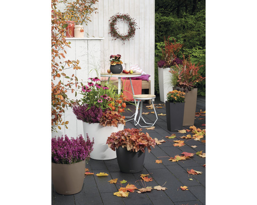 Herbstliche Gartenszene mit bepflanzten Übertöpfen, Tisch, Stuhl und Herbstlaub.