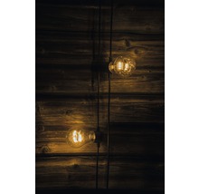 Zwei Edison-Glühbirnen an Kabeln vor einer Holzwand