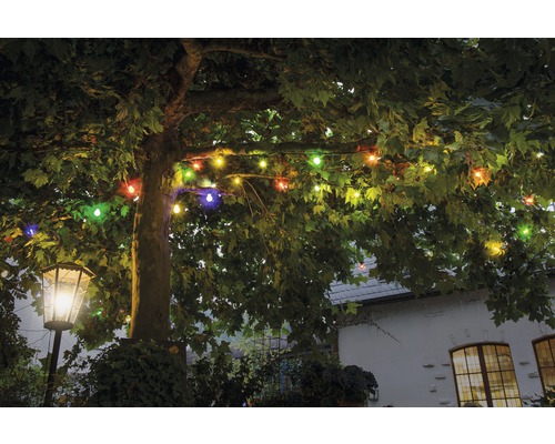 Baum mit mehrfarbiger Lichterkette und Außenlaterne