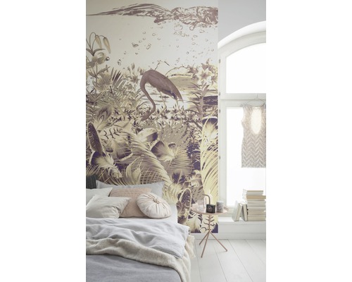 Schlafzimmer mit Fototapete mit Dschungel- und Flamingo-Motiv