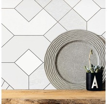 Dekorative Wandfliesen mit geometrischem Muster, Zierteller und Topfpflanze auf Holzregal.
